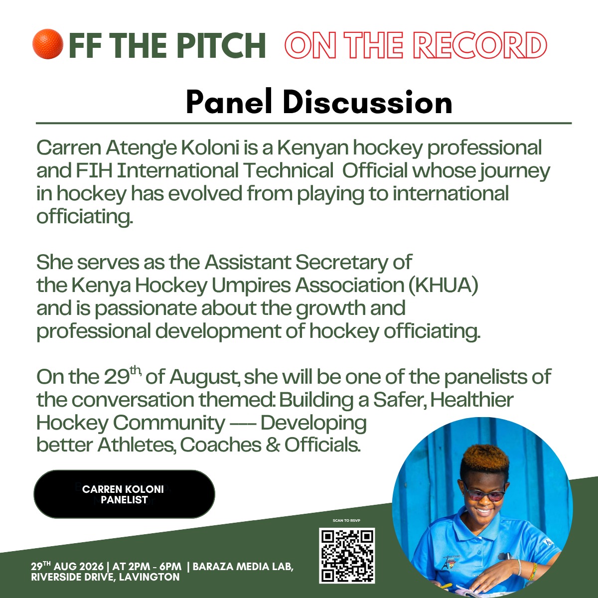 Carren Koloni speaker card for Off The Pitch, On The Record