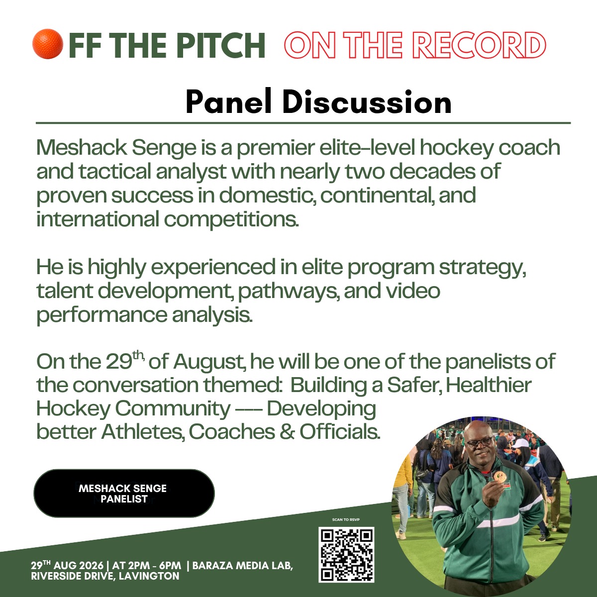 Meshack Senge speaker card for Off The Pitch, On The Record