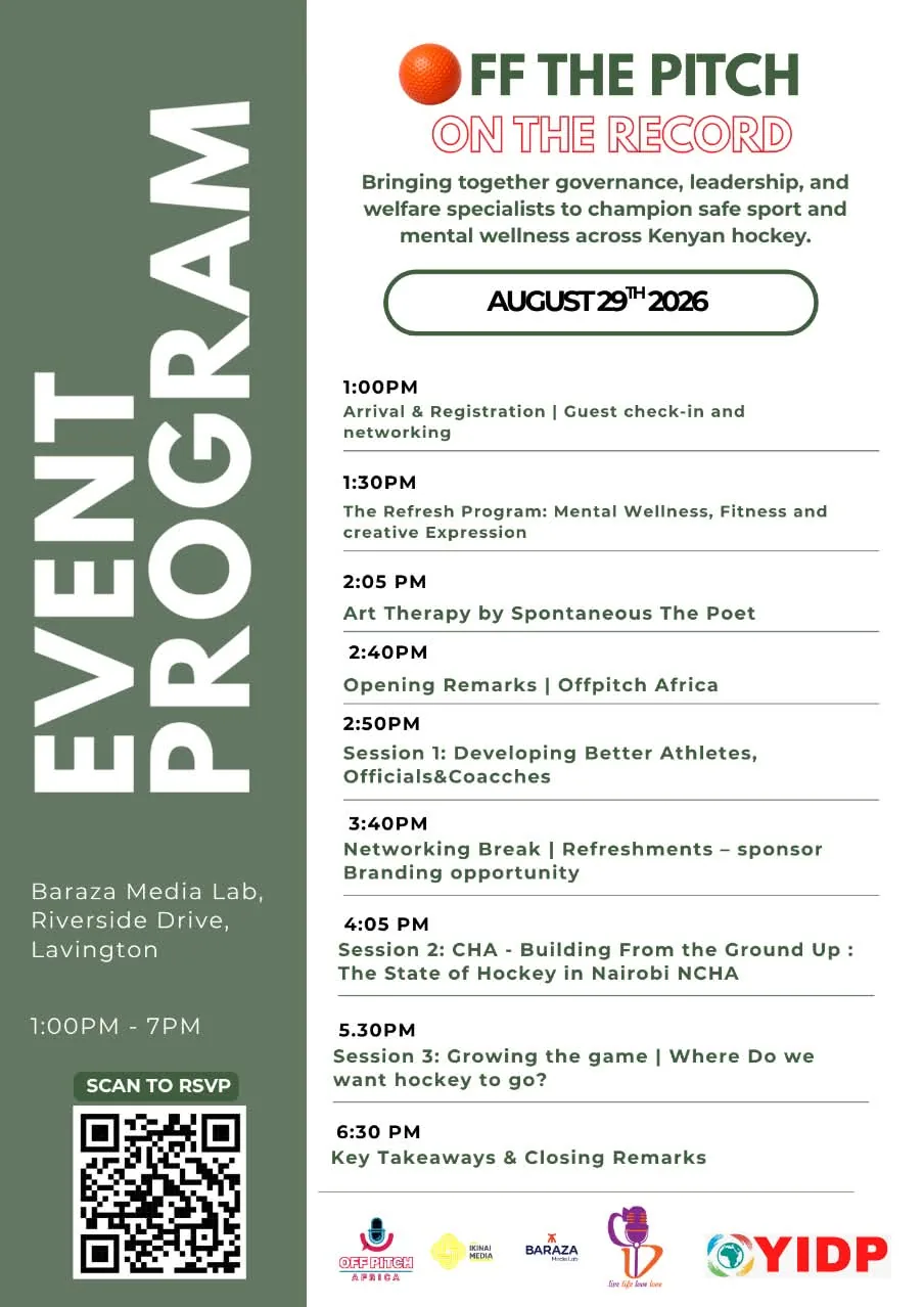Off The Pitch, On The Record — full event program timeline, 1PM to 6:30PM