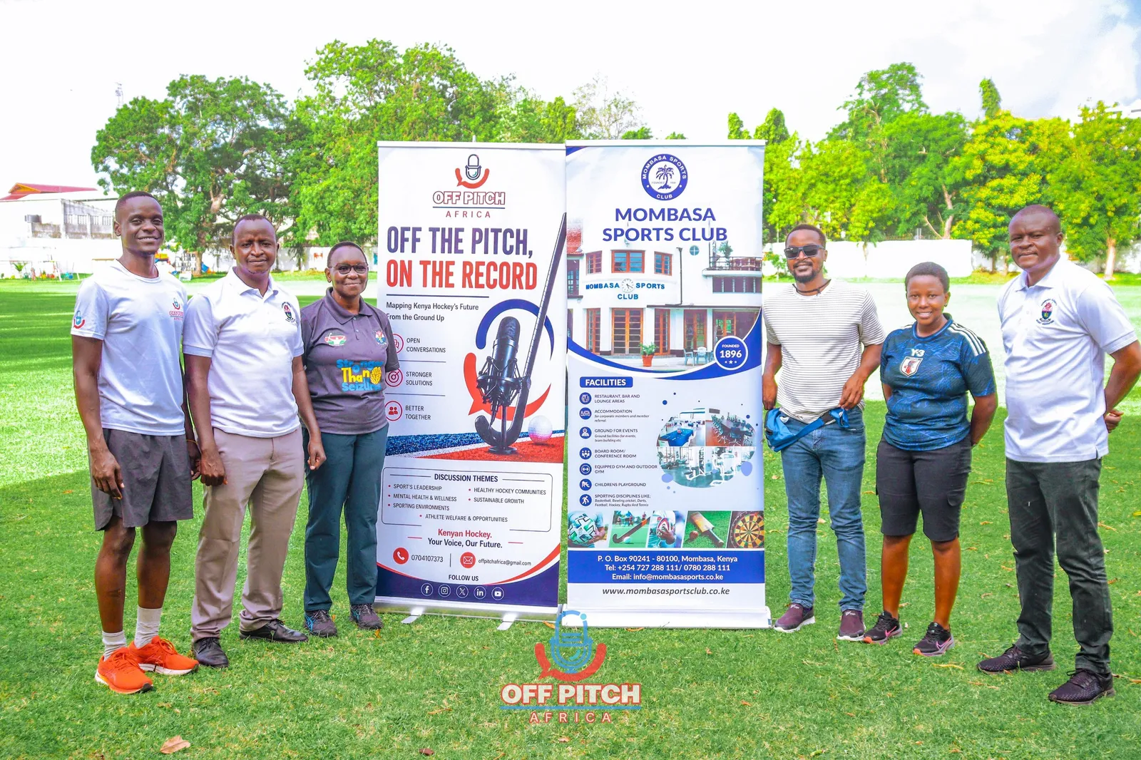 Group photo in front of the Off The Pitch, On The Record and Mombasa Sports Club banners