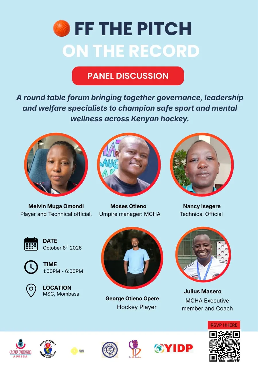 Off The Pitch, On The Record Mombasa Edition round table flyer: safe sport and mental wellness across Kenyan hockey. Thursday 8th October 2026, 1:00 PM to 6:00 PM, MSC Mombasa.