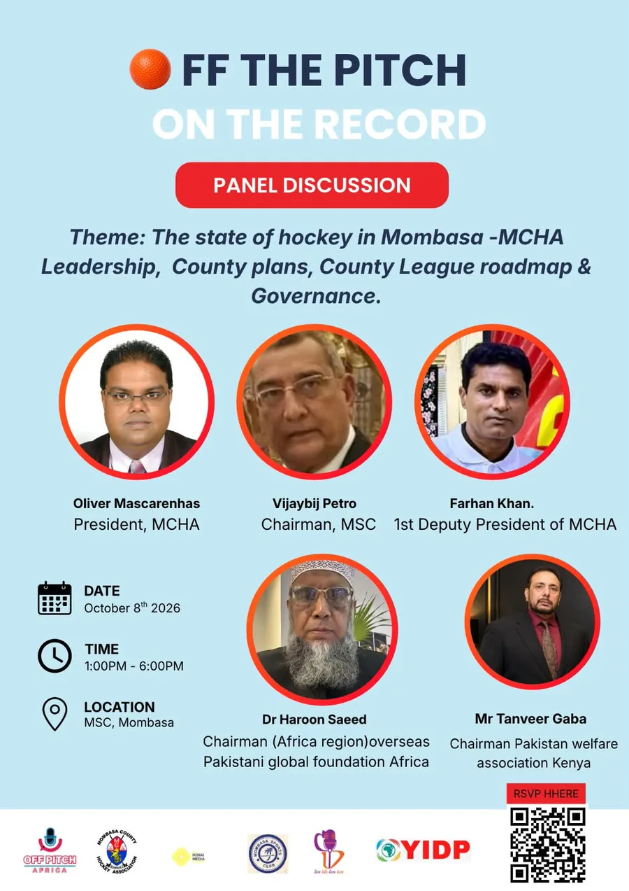 Off The Pitch, On The Record Mombasa Edition panel discussion flyer: The state of hockey in Mombasa, MCHA. Thursday 8th October 2026, 1:00 PM to 6:00 PM, MSC Mombasa.