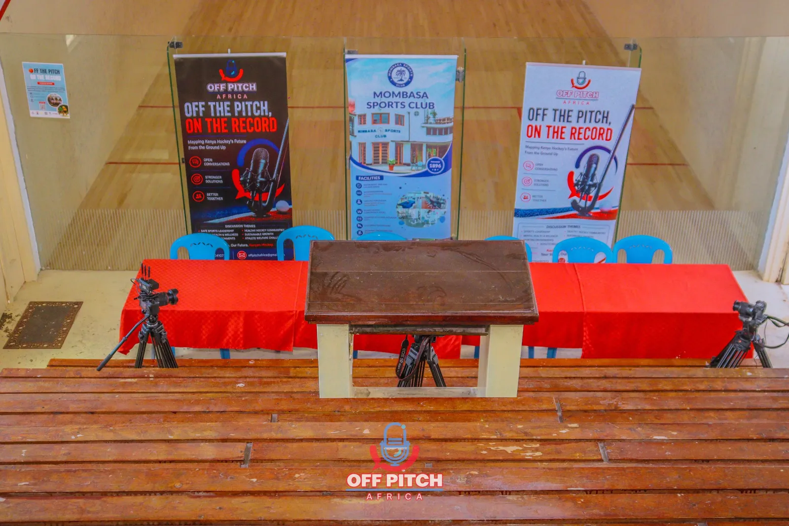 The Mombasa Edition venue set up with banners, a lectern and cameras before the forum