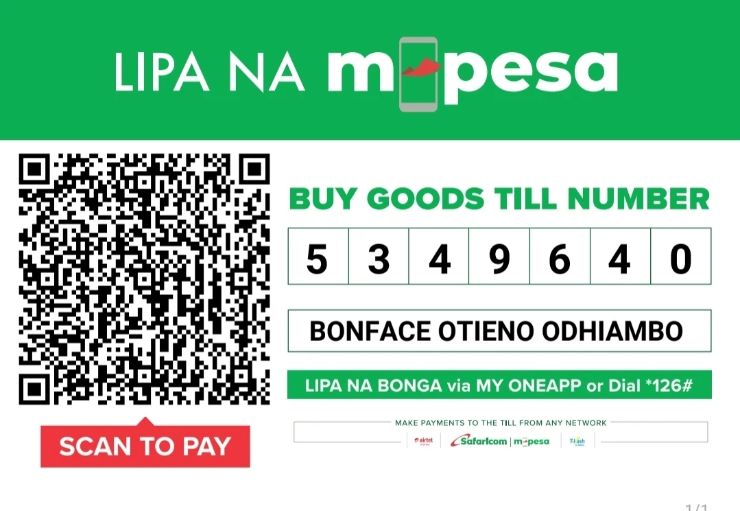 Lipa na M-Pesa, Buy Goods Till Number 5349640, Bonface Otieno Odhiambo — scan to pay